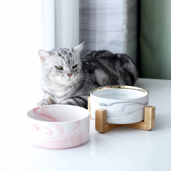 Marble Ceramic Dog Bowl Cat Food and Water Bowls Dish with Wood Stand Heavy Weight Pet Feeder for Big Flat Faced Cats Puppy Dogs 4